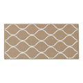 Beige rug with white geometric pattern on a white background